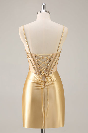 Sparkly Golden Corset Bodycon Beaded Short Cocktail Dress